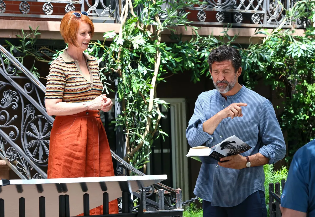 Cynthia Nixon and Jonathan Cake are seen at the film set of the 'And Just Like That' TV Series on July 02, 2024 in New York City.