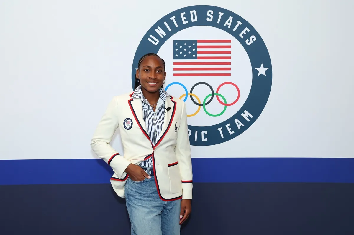 Olympian Coco Gauff celebrates her announcement as the U.S. Flag Bearer at the Team USA Welcome Experience ahead of Paris 2024