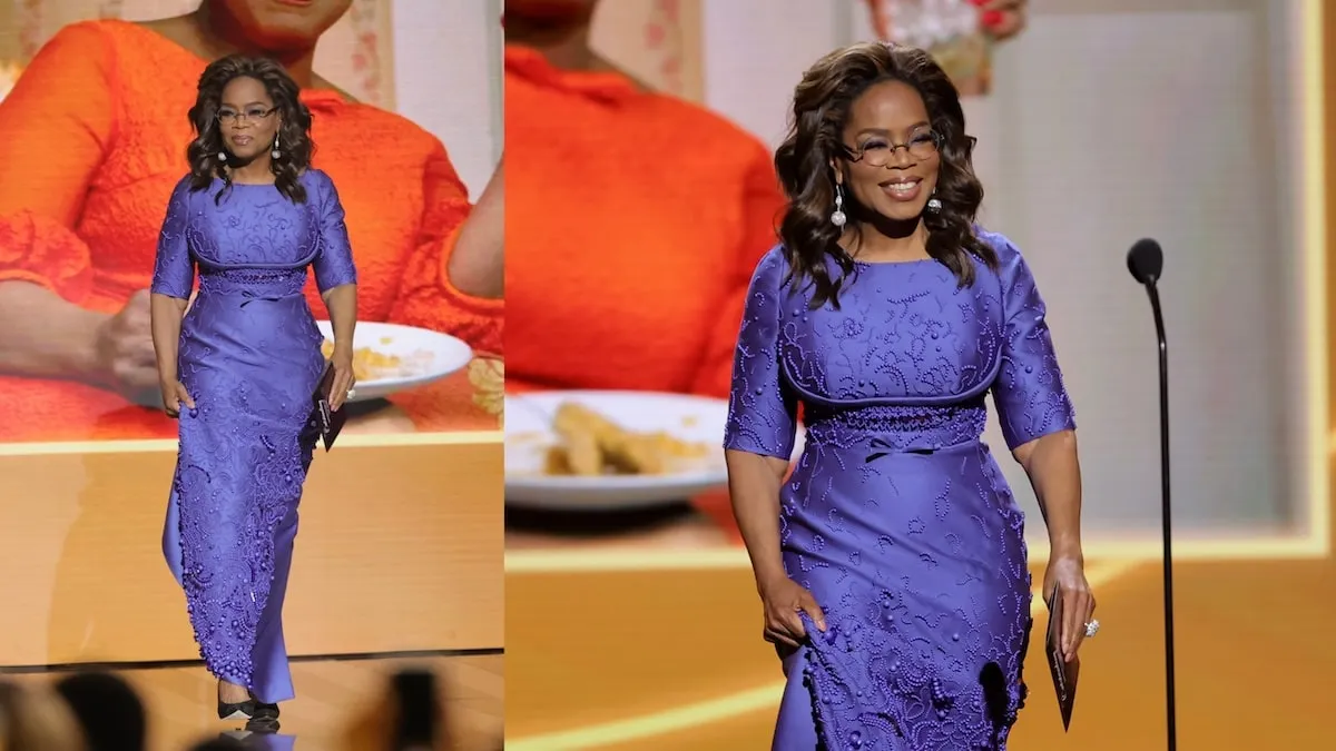 Wearing a purple dress, Oprah Winfrey speaks onstage during the 55th Annual NAACP Awards