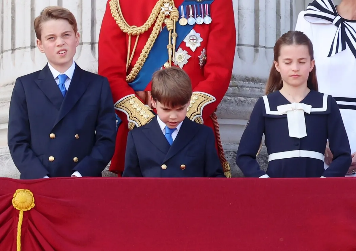 Prince George, Prince Louis, and Princess Charlotte on the balcony of Buckingham Palace for 2024 Trooping the Colour