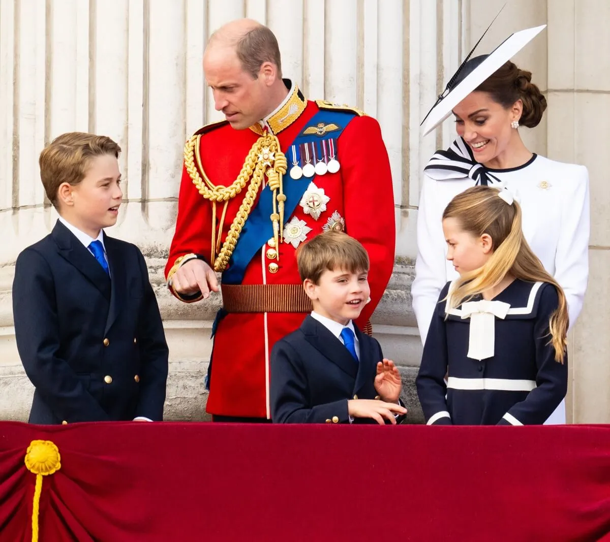 Prince George, Prince William, Prince Louis, Kate Middleton, and Princess Charlotte on the balcony of Buckingham Palace during the Trooping the Colour