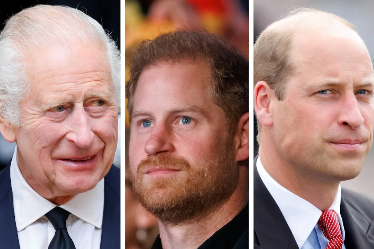 Prince Harry, whom an expert says won't 'force' a royal reunion, in a composite image alongside King Charles and Prince William