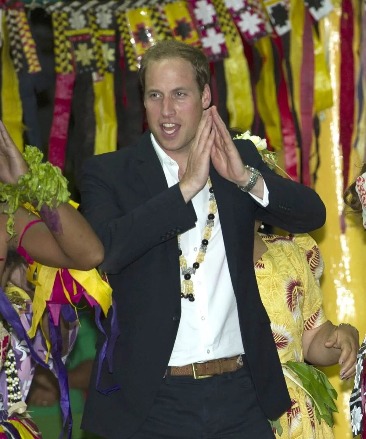 Prince William dancing with local ladies at a Vaiku Falekaupule Ceremony in Tuvalu