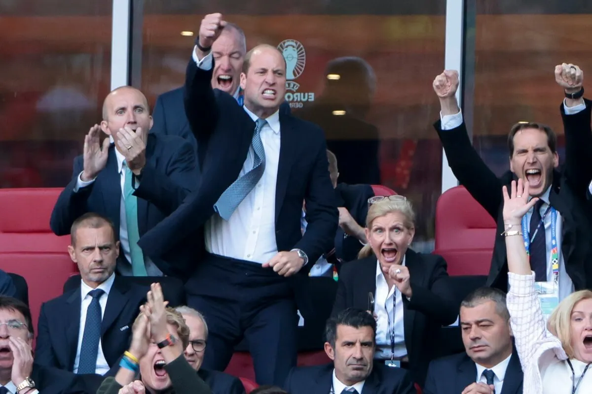 Prince William jumps up and celebrates after Bukayo Saka's goal for England in UEFA EURO 2024 quarter-final match