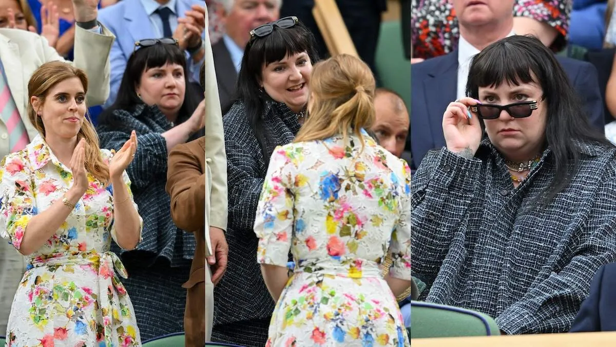 Wearing a floral dress, Princess Beatrice talks with Lena Dunham front row at Wimbledon