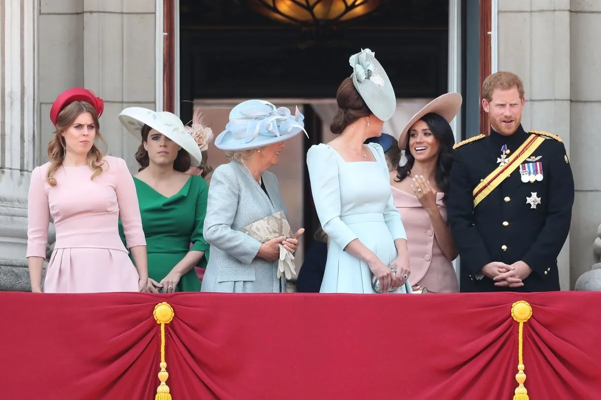 Princess Eugenie, Princess Beatrice, Meghan Markle, Prince Harry and other members of the royal family on the Buckingham Palace balcony during Trooping the Colour