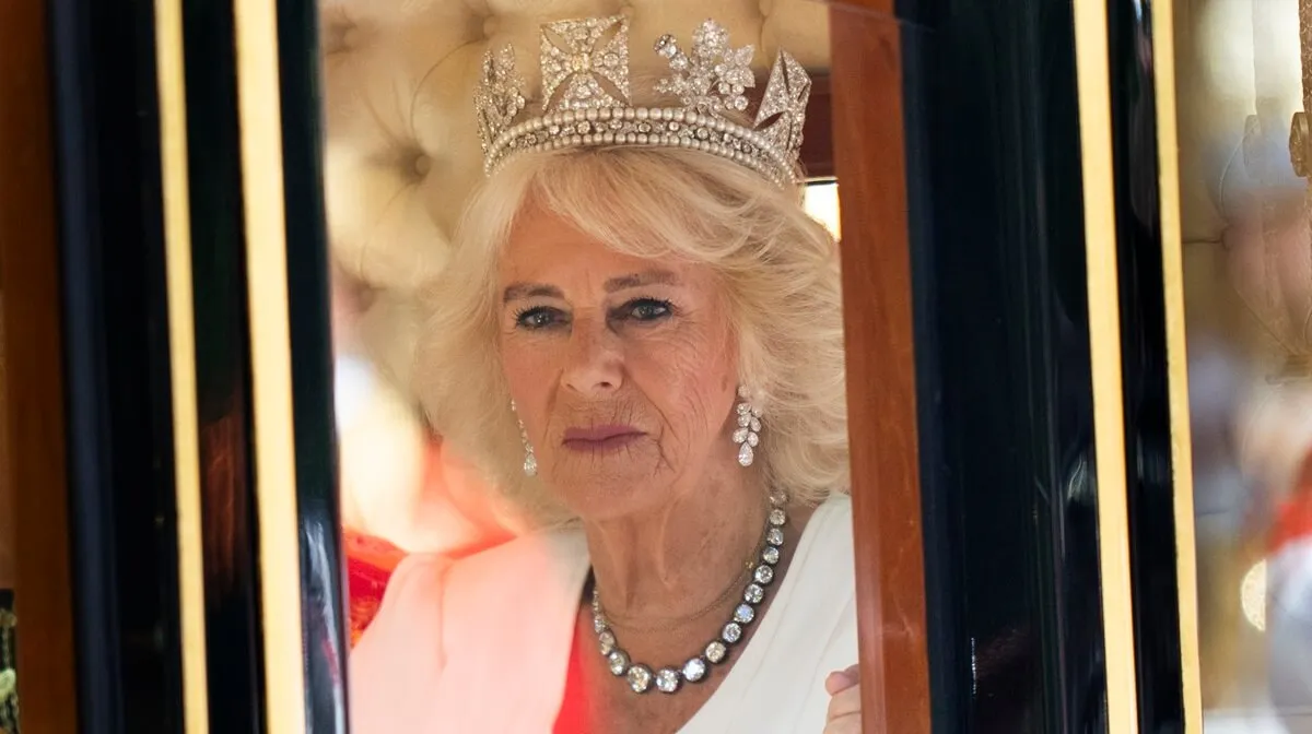 Queen Camilla traveling down The Mall on the way to the State Opening of Parliament