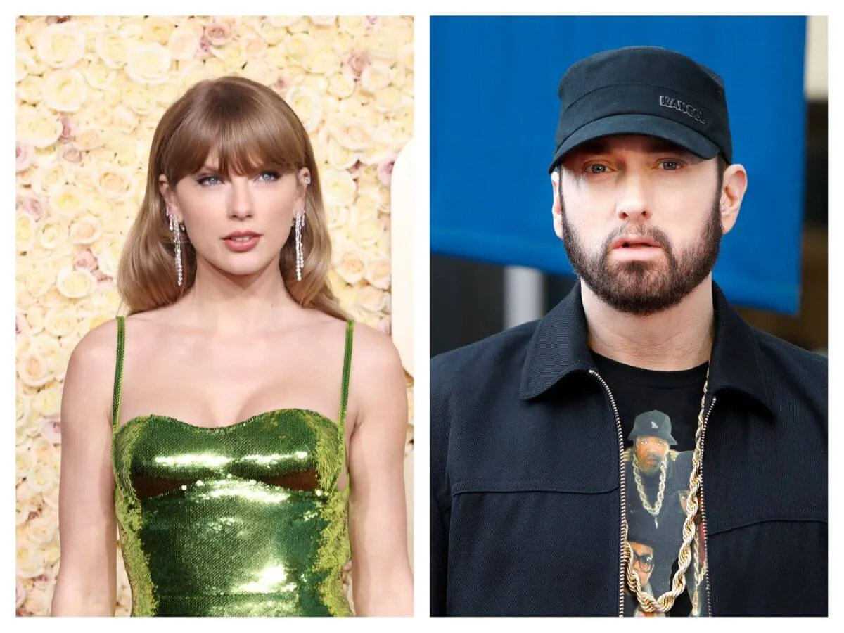 Taylor Swift wears a green dress and stands in front of a floral wall. Eminem wears a black shirt and black hat.