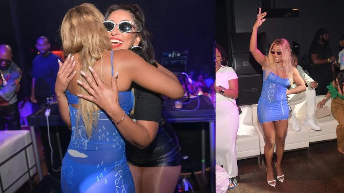 Wearing a mesh blue dress, Victoria Monét celebrates at a party in new Orleans