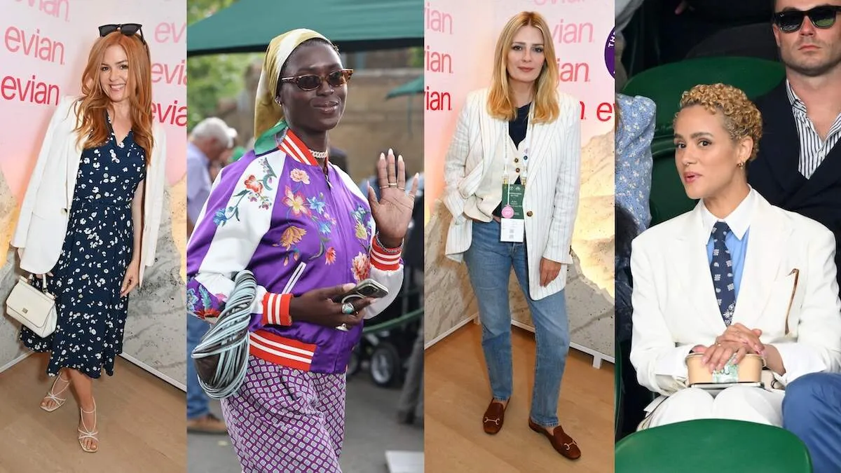 Four photos of Isla Fisher, Jodie Turner-Smith, Mischa Barton, and Nathalie Emmanuel at Wimbledon 2024