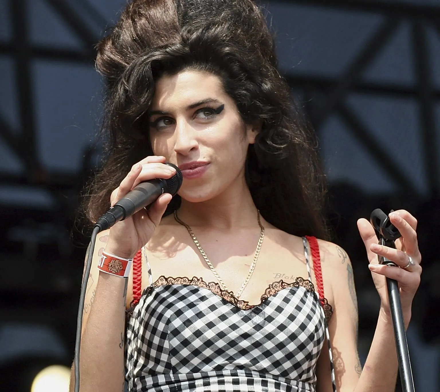 "Rehab" singer Amy Winehouse with a microphone