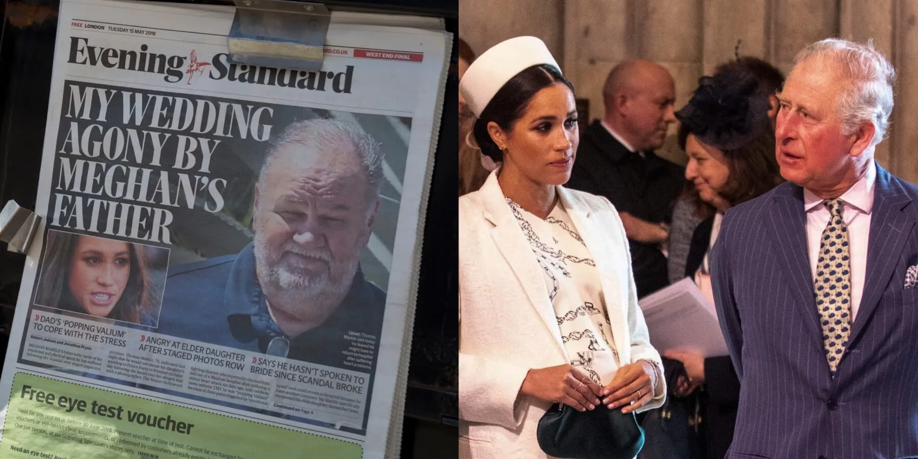 Side-by-side photos of Thomas Markle, Meghan Markle, and King Charles