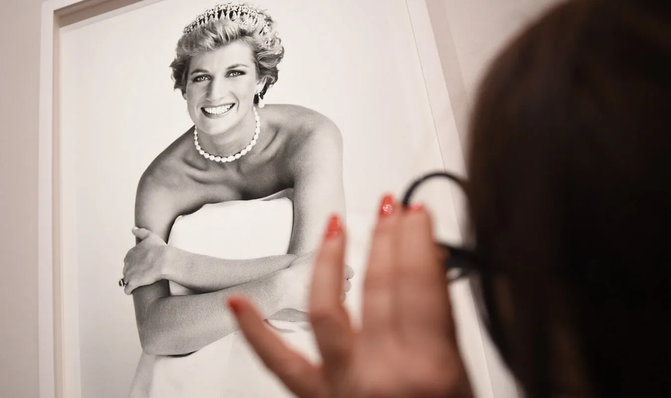 A black-and-white image of Princess Diana who, like Kate Middleton, appeared on the cover of British Vogue.