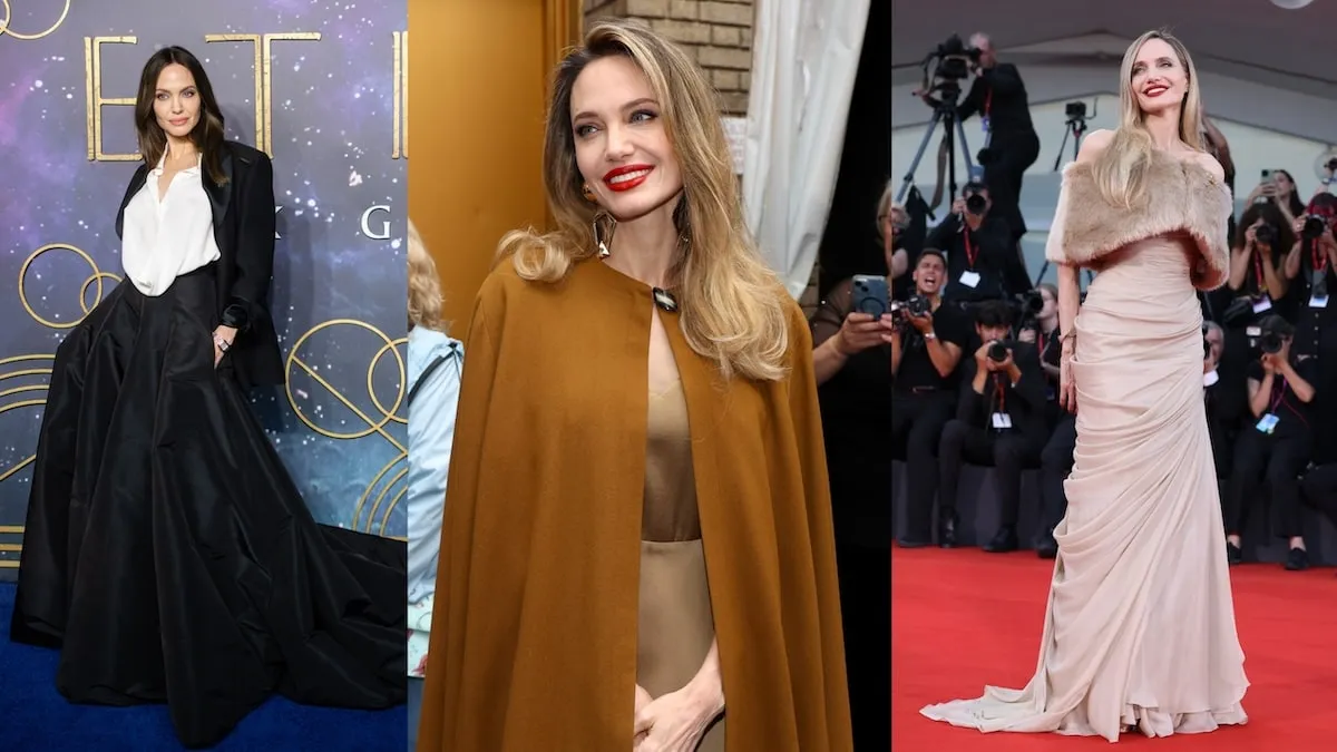 Three photos of Angelina Jolie on red carpets from 2021 to 2024