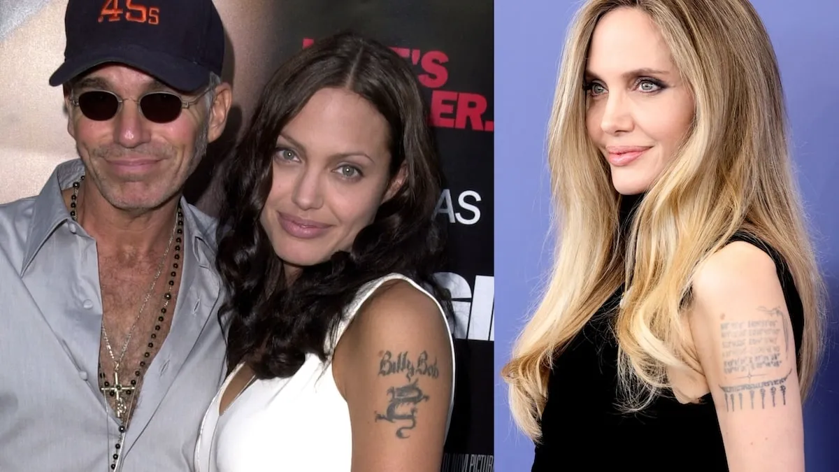 A photo of Angelina Jolie and Billy Bob Thornton in 2001 alongside a photo of Angelina Jolie in 2024