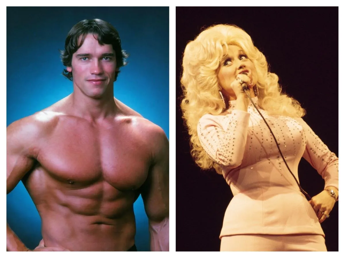 Arnold Schwarzenegger stands shirtless. Dolly Parton wears a white shirt and sings into a microphone.