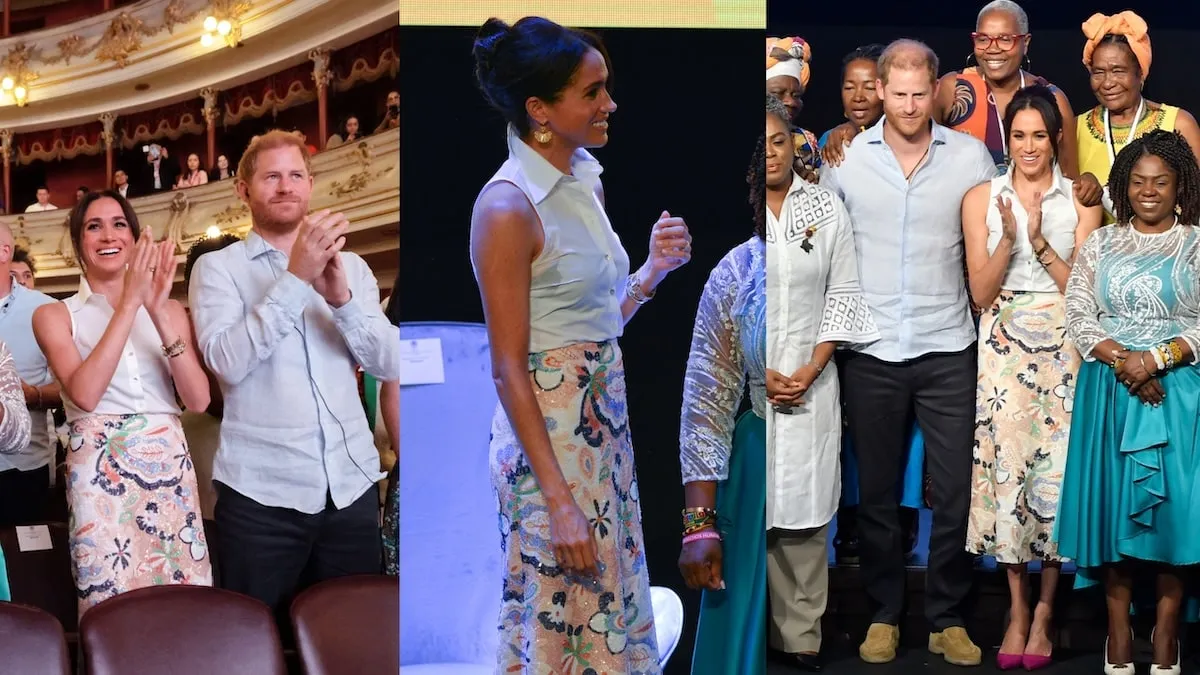 Wearing a white tank top and floral skirt, Meghan Markle claps for performers in Columbia