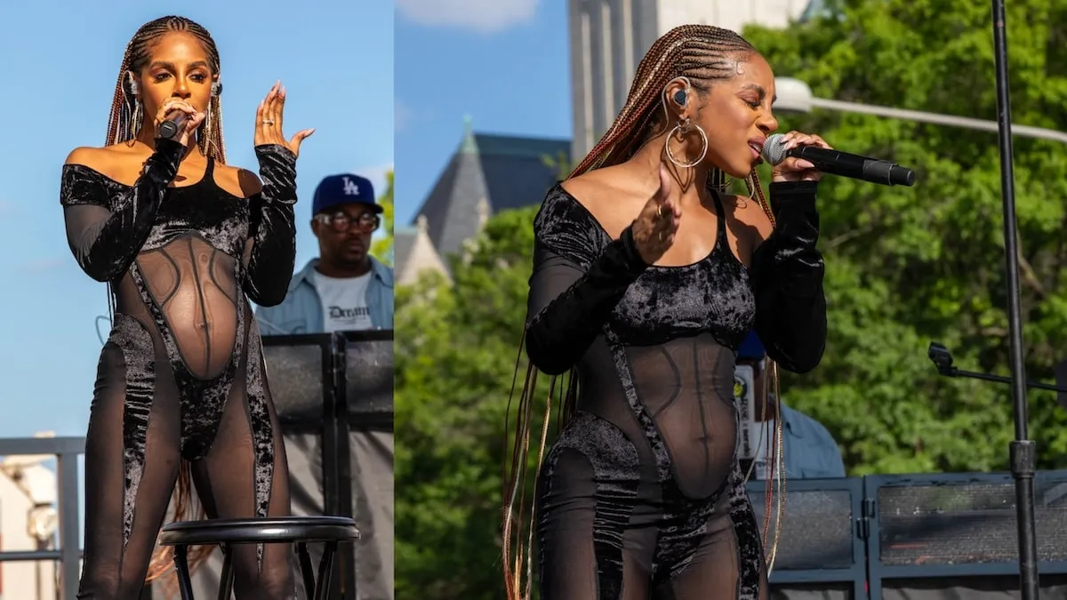 Singer Candiace Dillard Bassett wears a sheer jumpsuit and sings during a Washington D.C. event