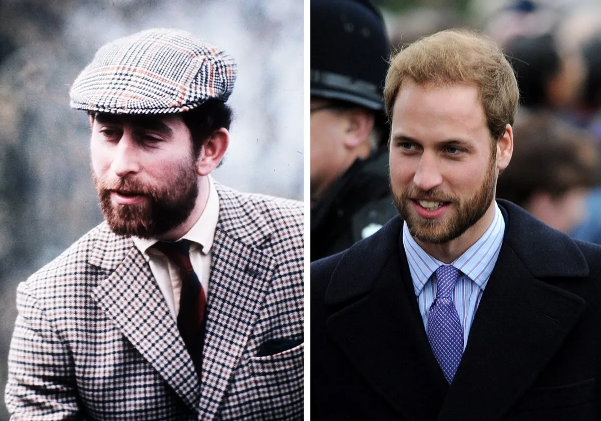 Composite photo comparison of then-Prince Charles seen with a beard in 1976, and Prince William seen with a beard in 2008