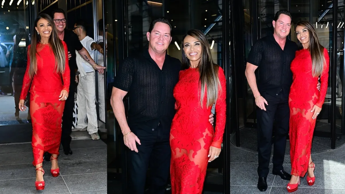 The Real Housewives of New Jersey star Dolores Catania wears a tight red dress alongside her boyfriend Paulie Connell