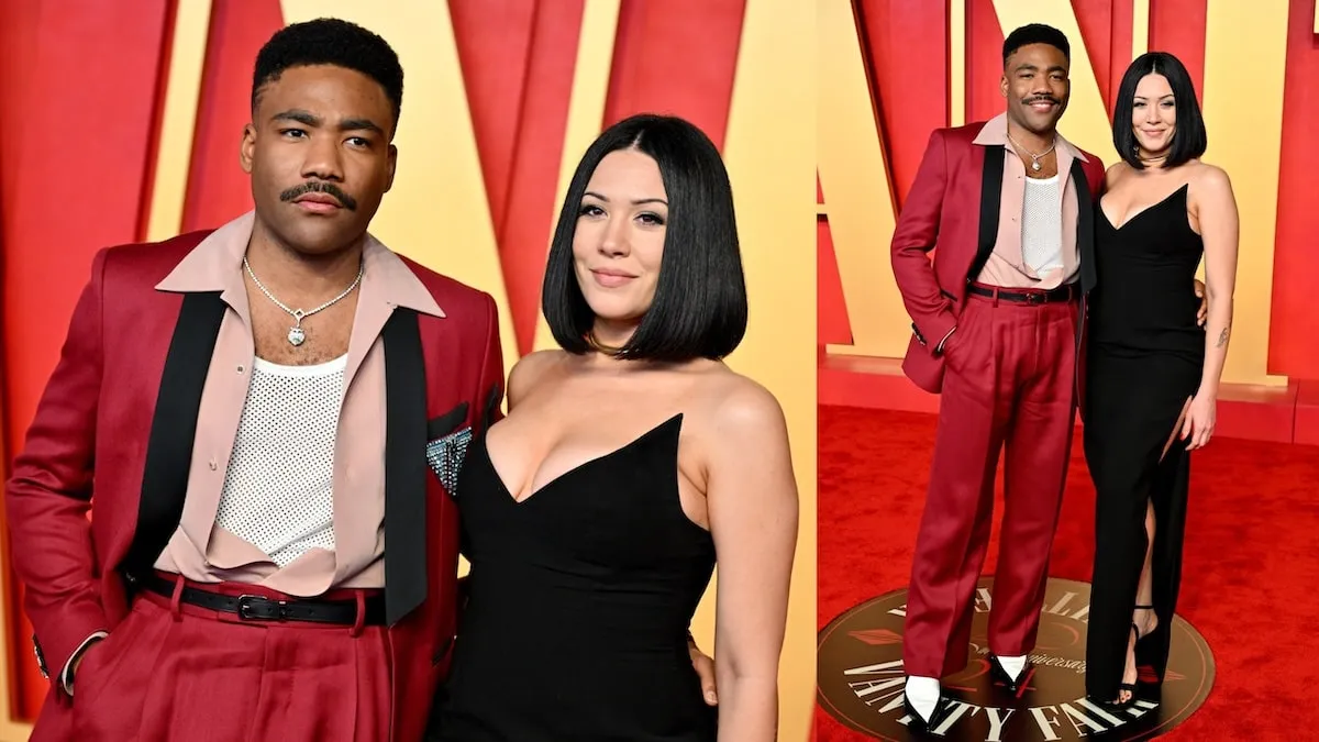 Wearing a red suit, Donald Glover attends the 2024 Vanity Fair Oscar Party with wife Michelle White