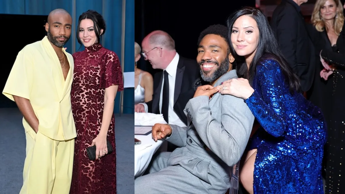 Two photos of Donald Glover and Michelle White at the 2022 and 2023 Vanity Fair Oscar parties