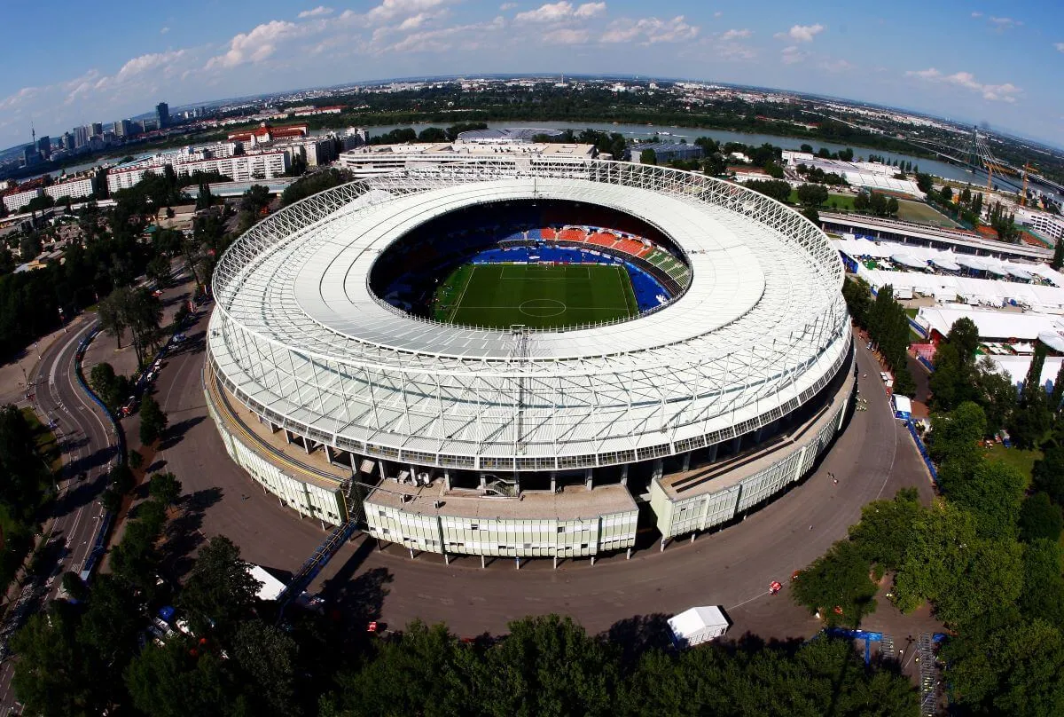 An aerial shot of the Ernst Happel stadium in Vienna.