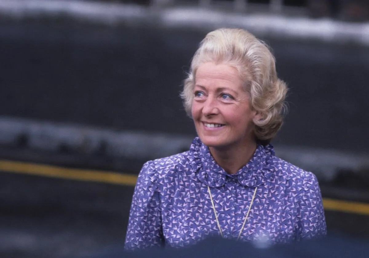 Frances Shand Kydd smiling as she leaves St. Mary's Hospital after visiting her newborn grandson Prince William