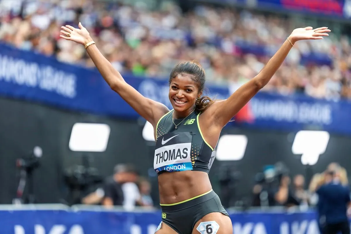 Gabby Thomas reacts after winning the 200m for women competition during the Wanda Diamond League, London Athletics Meet