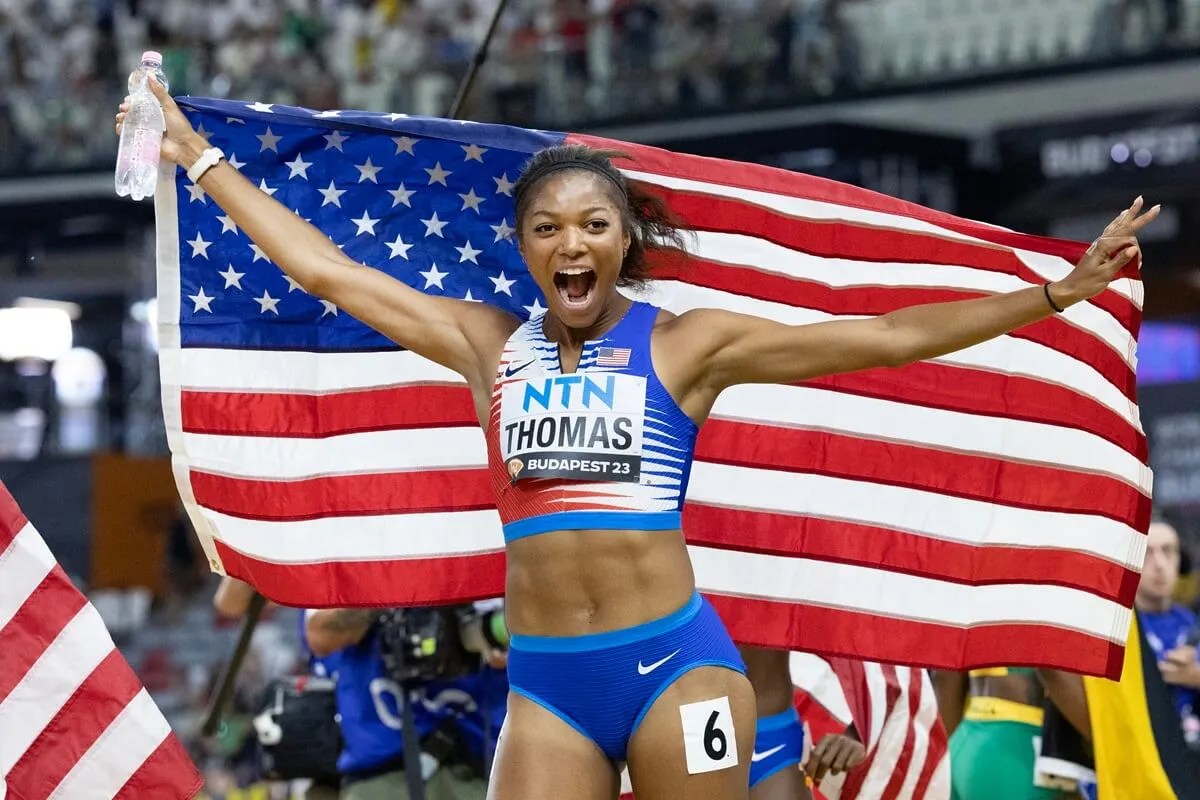 Gabrielle Thomas celebrates The United States 4x 100m Relay team's gold medal win during the World Athletics Championships