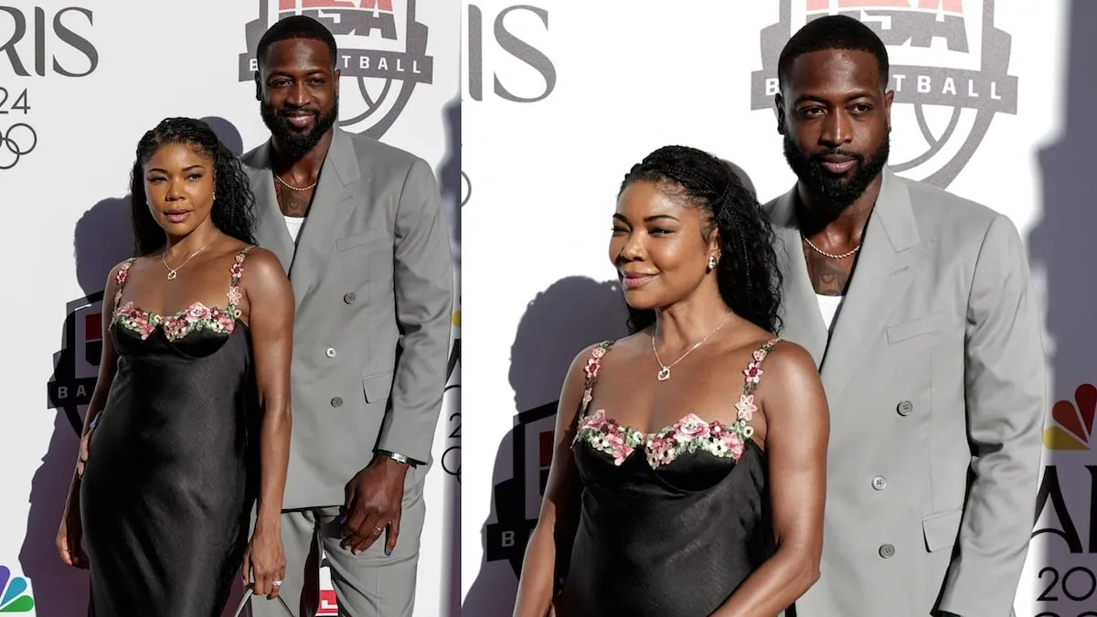 Wearing a black dress, Gabrielle Union stands with Dwyane Wade at NBA's Celebration of US Basketball in the Paris 2024 Olympics