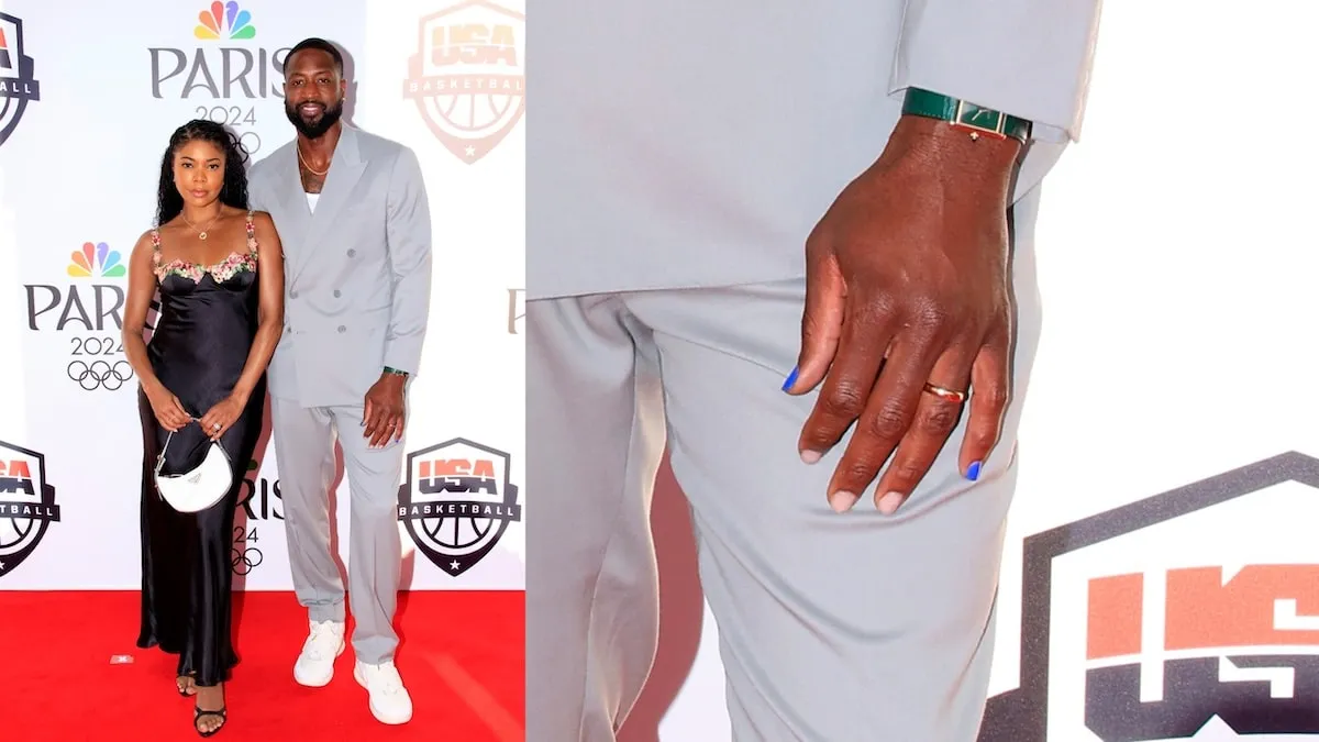 Wearing a black dress, Gabrielle Union stands with Dwyane Wade at NBA's Celebration of US Basketball in the Paris 2024 Olympics