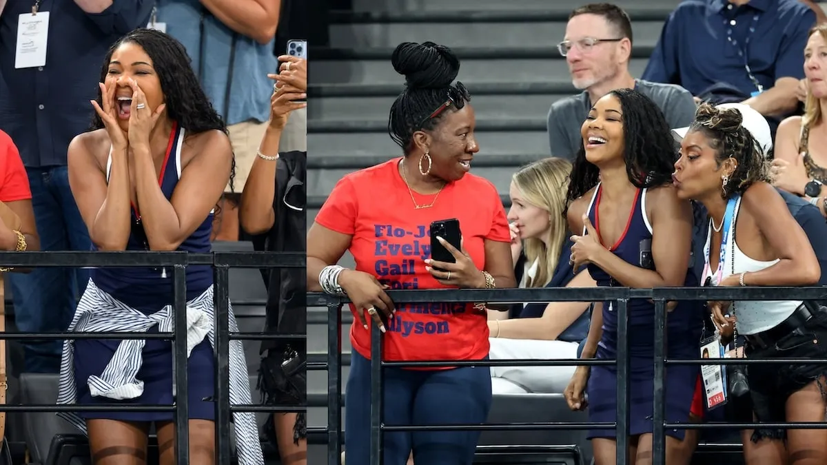 Celebrities Tarana Burke, Gabrielle Union and Taraji P. Henson cheer on the Artistic Gymnastics Men's team from their seats