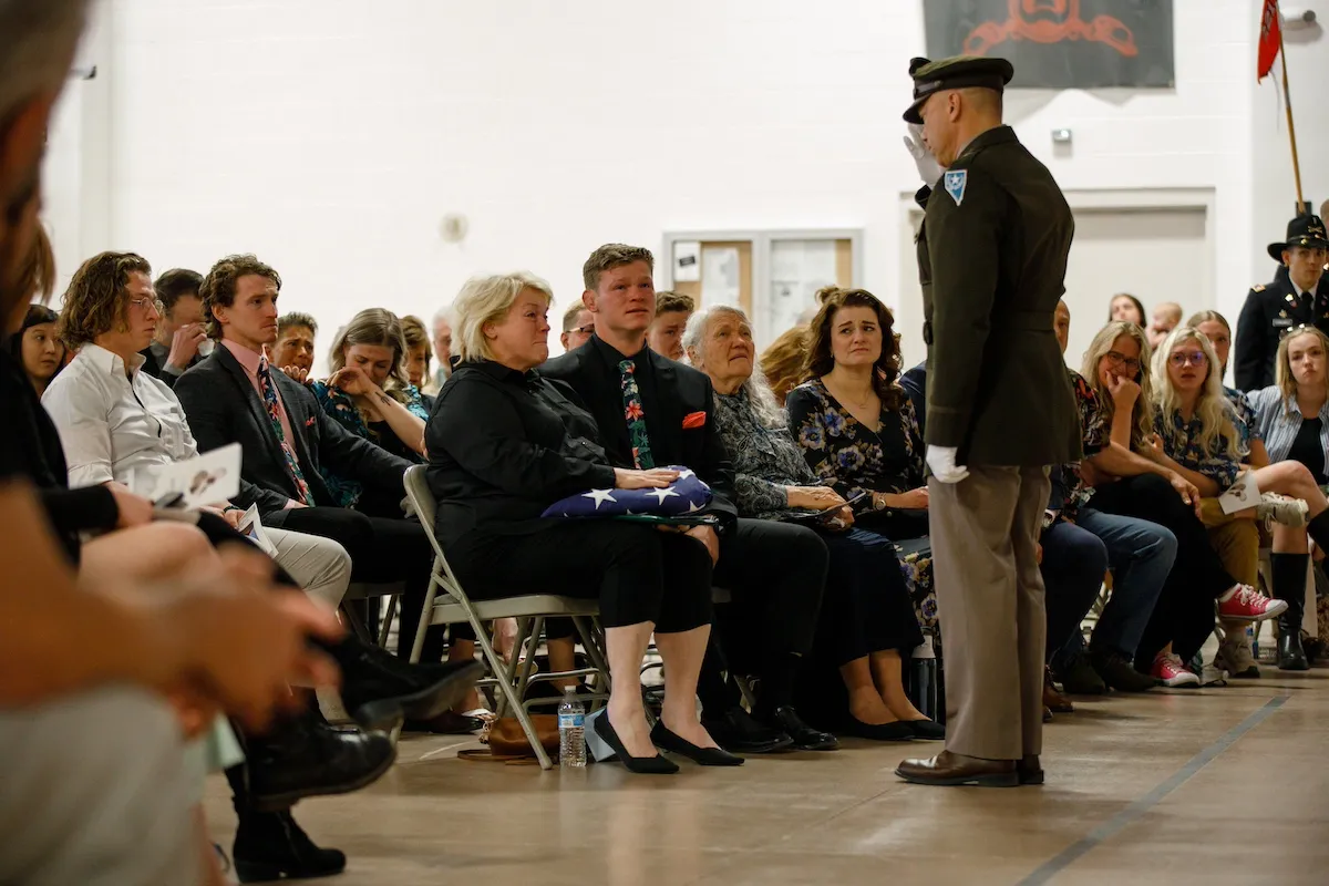 Brig. Gen. Troy Armstrong, the assistant adjutant general for the Nevada Army National Guard, salutes Staff Sgt. Robert at Clark County Armory in Las Vegas, Nevada, March 24, 2024. Soldiers from the 1st Squadron, 221st Cavalry, along with friends and family, gathered to honor the memory of Brown, who died on March 4th