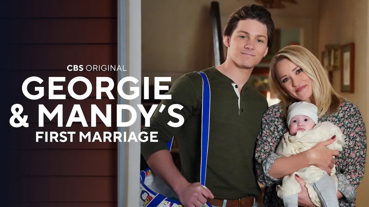 Key art for new CBS sitcom 'Georgie and Mandy's First Marriage' featuruing Montana Jordan standing next to Emily Osment, holding a baby