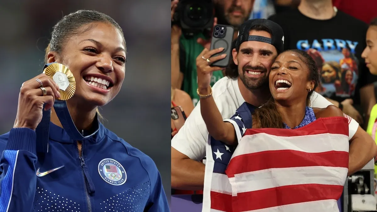 A photo of Gabby Thomas with her gold medal alongside a photo of her taking a selfie with her partner Spencer McManes in the stands