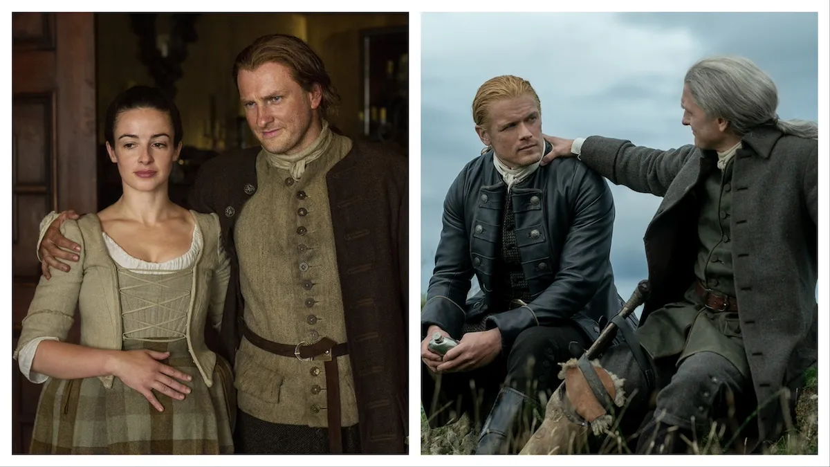 Ian Murray with his arm around Jenny in 'Outlander' Season 1, and Jamie sitting next to Ian in 'Outlander' Season 7B