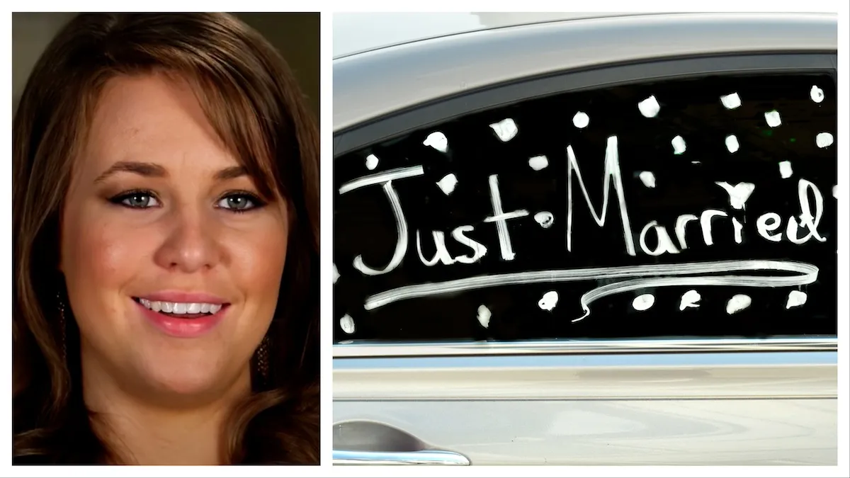 Smiling Jana Duggar next to a photo of a car with "just married" written on the window