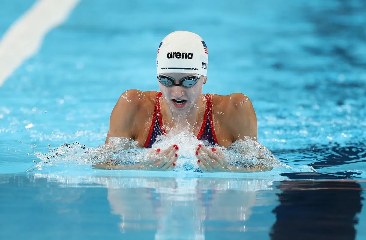 Kate Douglass competes in the Women's 200m Breaststroke heats on day five of the Olympic Games Paris 2024