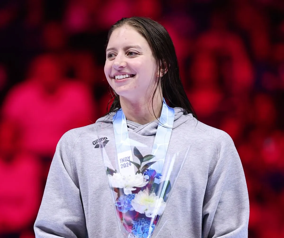 Kate Douglass during the medal ceremony for the Women's 200m individual medley final at the 2024 U.S. Olympic Team Swimming Trials