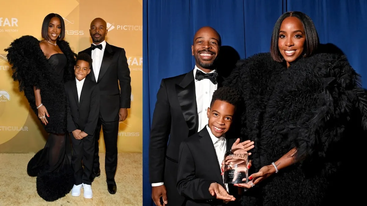 Wearing black tie attire, Kelly Rowland, Titan Witherspoon, and Tim Witherspoon smile together at the 2022 amfAR Gala in LA