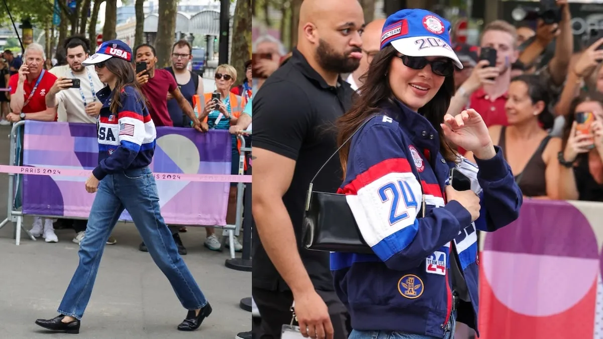 Wearing red white and blue, Kendall Jenner enters Bercy Arena to watch the U.S. women's gymnastics team at the 2024 Summer Olympics