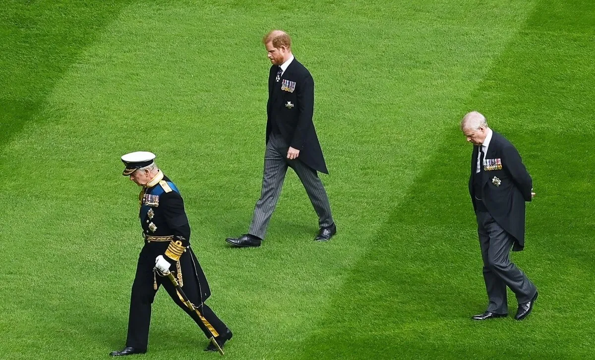 King Charles III, Prince Harry, and Prince Andrew join the Procession following the coffin of Queen Elizabeth II, aboard the State Hearse, in the Quadrangle inside Windsor Castle