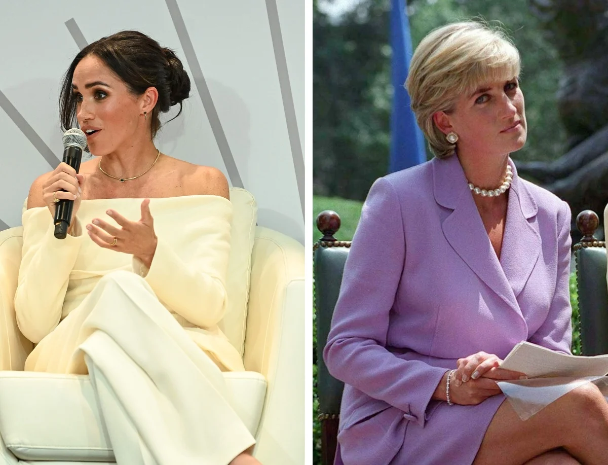 (L): Meghan Markle speaks onstage at The Archewell Foundation Parents’ Summit, (R): Princess Diana on day of her speech at the Red Cross headquarters