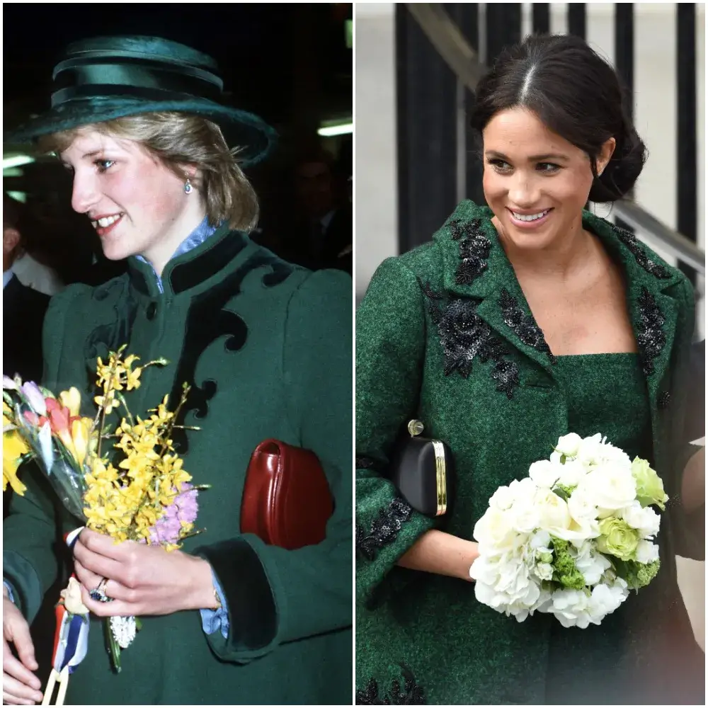 (L) Princess Diana holding flowers and wearing a green coat (circa 1982), (R) Meghan Markle holding flowers and wearing a green coat in 2019