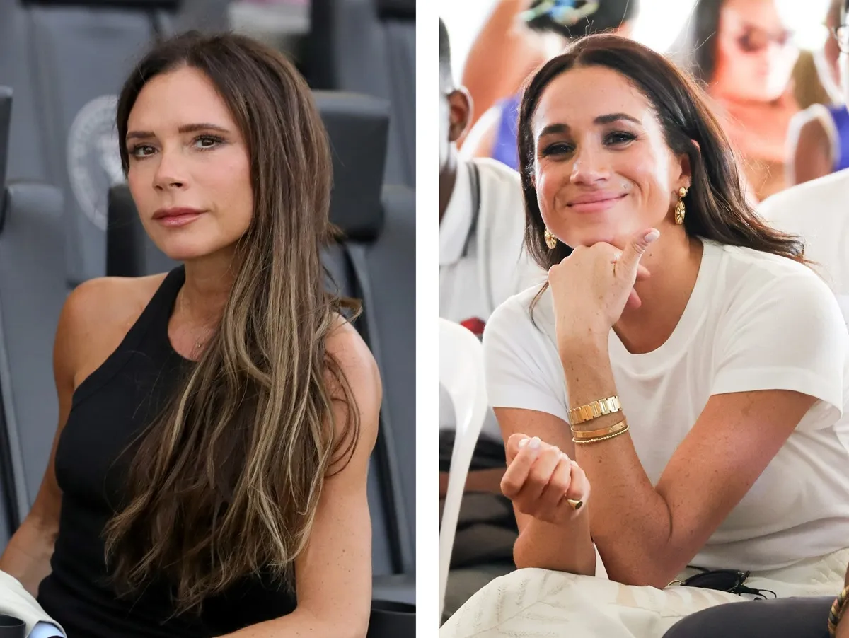 (L) Victoria Beckham at the 2023 Leagues Cup in Florida, (R) Meghan Markle attends event on Cali, Colombia