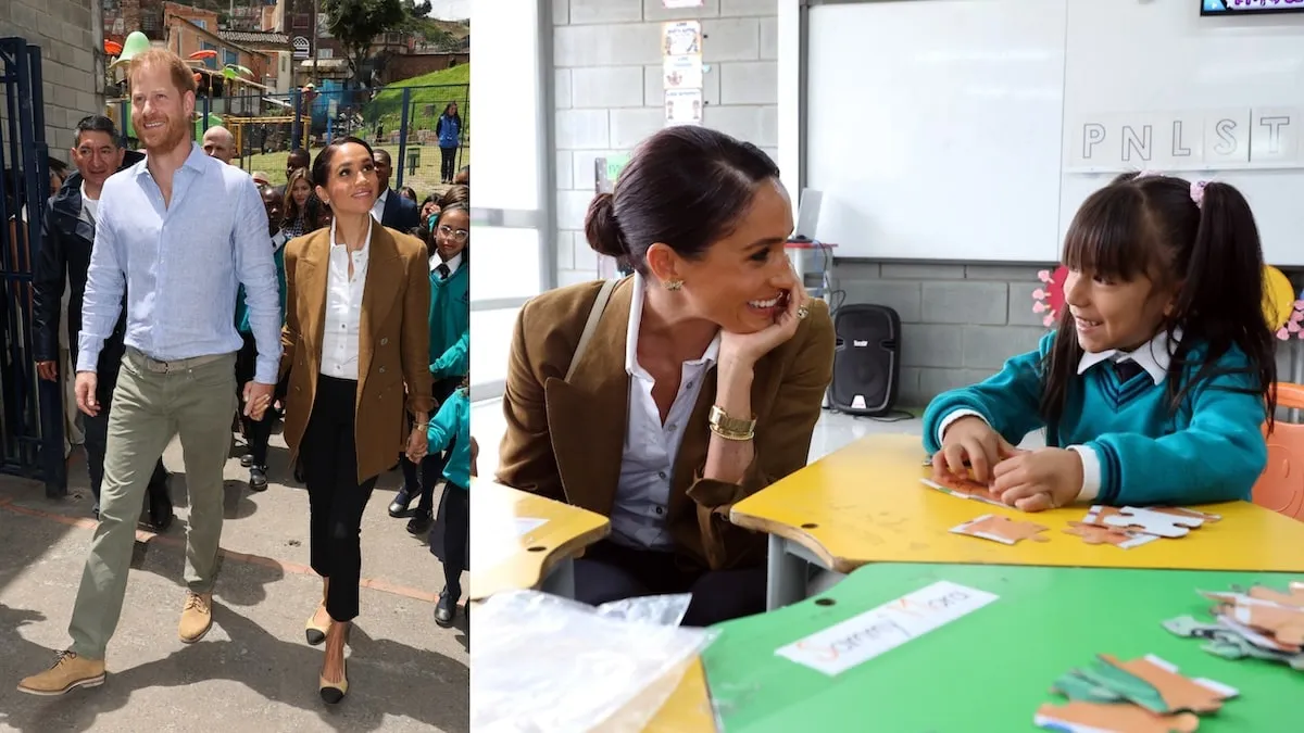 Wearing a tan blazer and black pants, Meghan Markle visits a school in Columbia