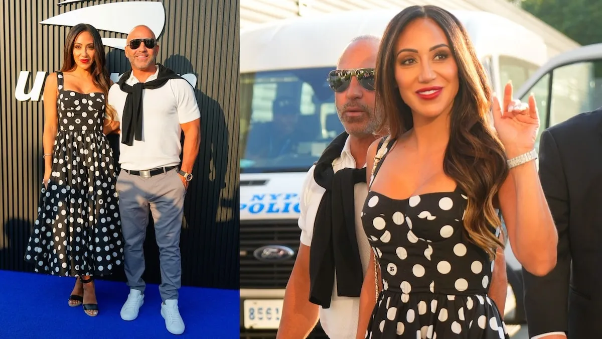 Wearing a black and white polka dot dress, Melissa Gorga waves to fans at the US Open alongside her husband Joe Gorga