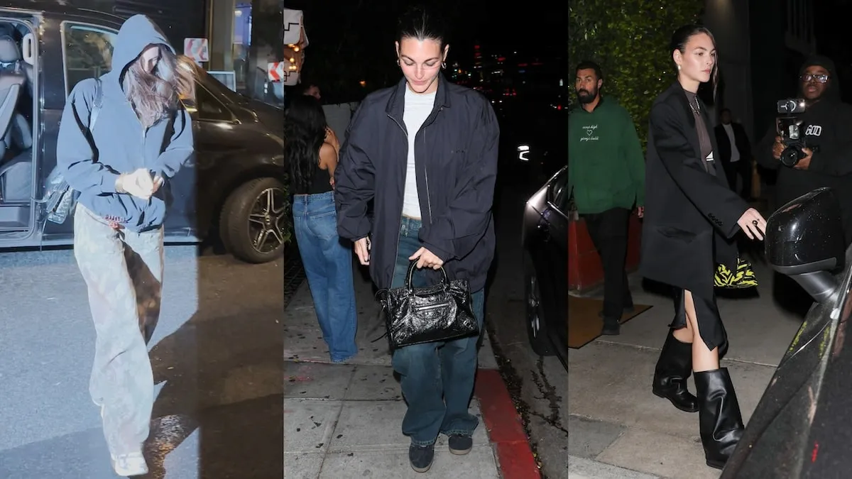 Three photos of Vittoria Ceretti exiting buildings and entering vehicles in LA while paparazzi take photos of her