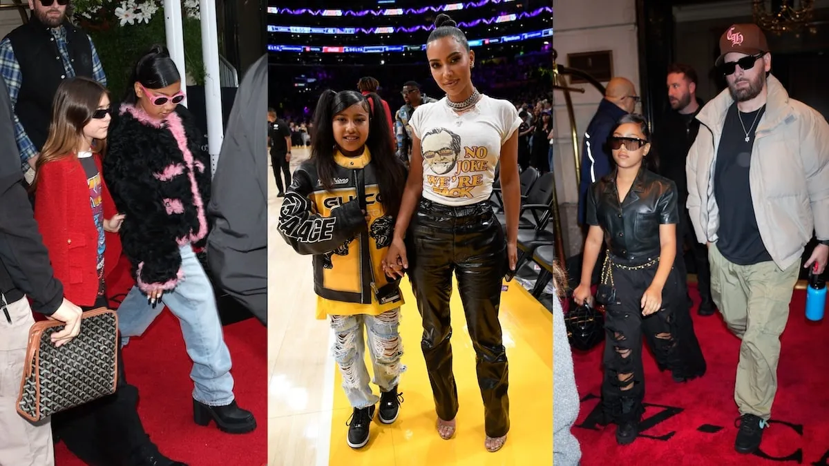 Three photos of North West in different outfits alongside Penelope Disick, Scott Disick, and Kim Kardashian